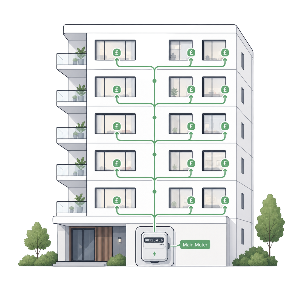 A modern residential apartment block receiving one shared utility supply at the master meter, with green utility lines flowing into each flat where individual £ charges are calculated.